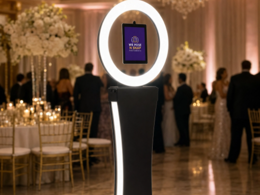 Open-air photo booth with a ring light set up at a wedding reception