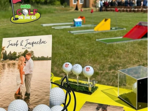 Mini golf course set up on the lawn at a wedding reception
