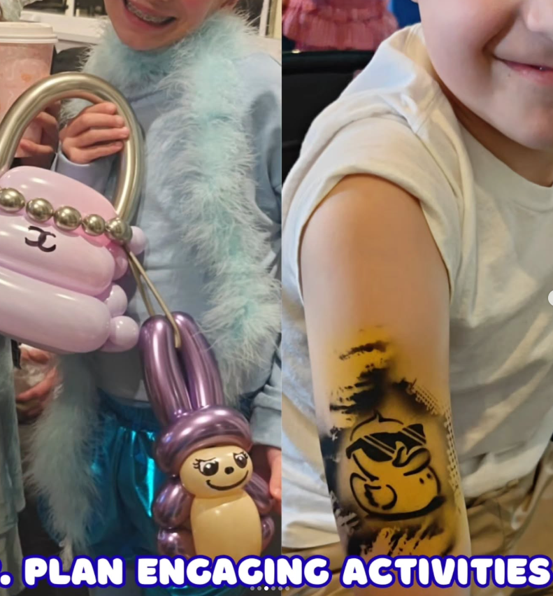 A balloon handbag and character sculpture beside an airbrushed arm tattoo