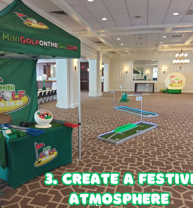Mini Golf on the Go set up across a country club ballroom with its check-in tent