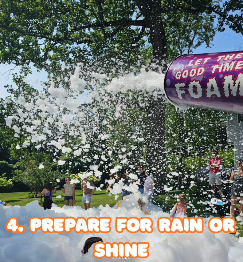 A foam cannon burying a backyard in foam while guests play
