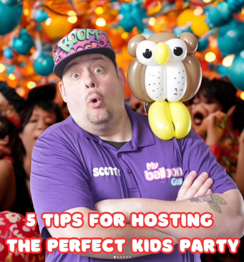 Scotty Kazan with a balloon owl — 5 tips for hosting the perfect kids party